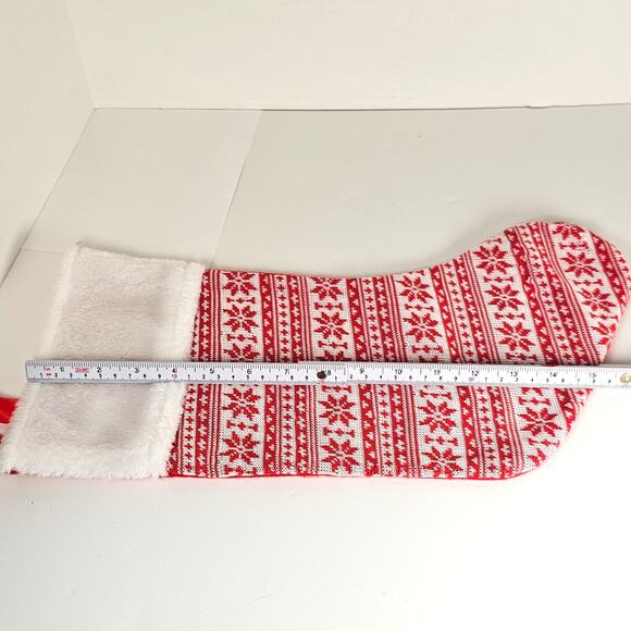 Red Knit Christmas Stocking Nordic Snowflake White Cuff 16” Holiday Decor - Picture 7 of 8